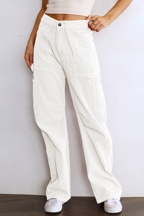 High Waist Straight Leg Cargo Pants with Pockets